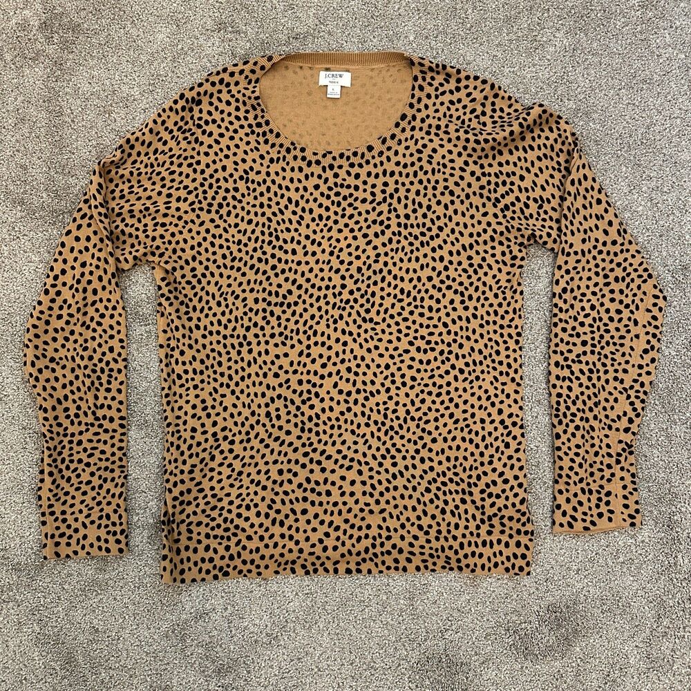 J.Crew Teddie Sweater Large Leopard Cheetah Cotton Knit Top Preppy Classic Chic - Picture 2 of 10